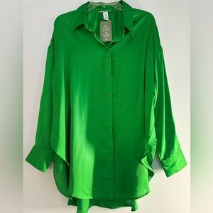 Green Women’s H&M Solid Satin Long Sleeve Shirt